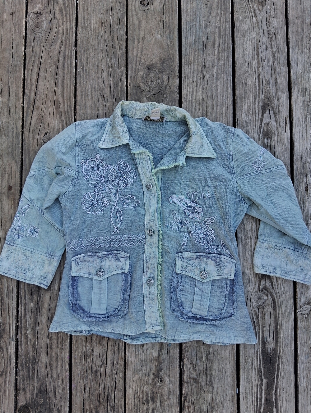 Urban Tribe Embroidered Boho Utility Jacket Small Blue Cotton Vintage Wash